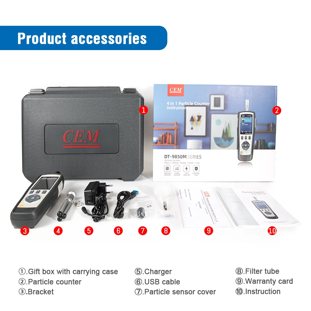 CEM DT-9850M Professional Handheld 2.83 Lmin Flow Rate Air Laser PM0.3 PM2.5 PM10 um Particle Counter CEM DT-9850M Professional Handheld 2.83 Lmin Flow Rate Air Laser PM0.3 PM2.5 PM10 um Particle Counter